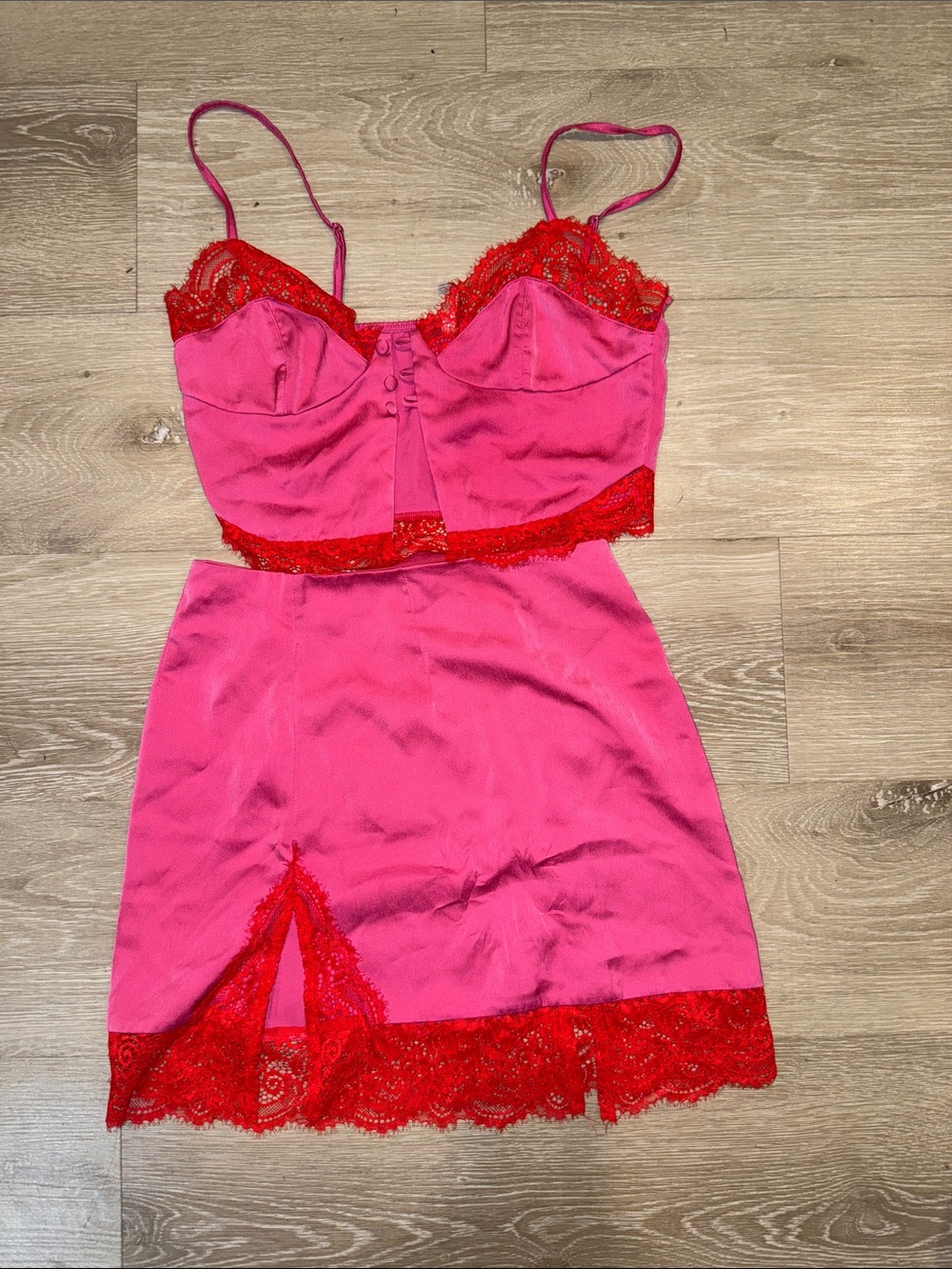 Women's Pink and Red Lace Satin Slip Set